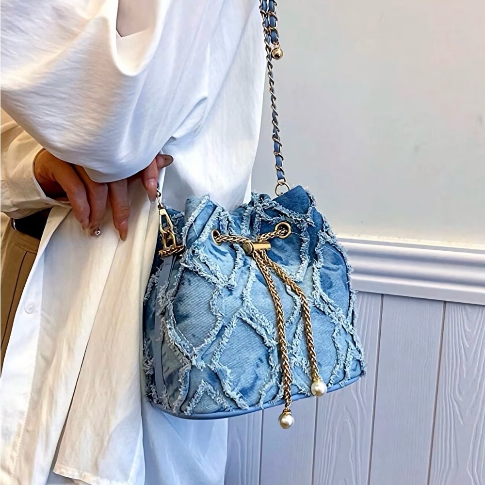 Blue Denim Drawstring Bucket Crossbody Bag with Gold Chain